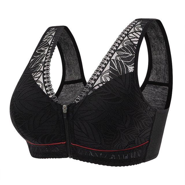 Virmaxy Womens Wireless Bra Oversized Soft Cotton Cup with No Steel Ring Cover Front Zipper Printing Chest Lifting Side Collection and Beautiful Back Underwear Black XXXXXXL