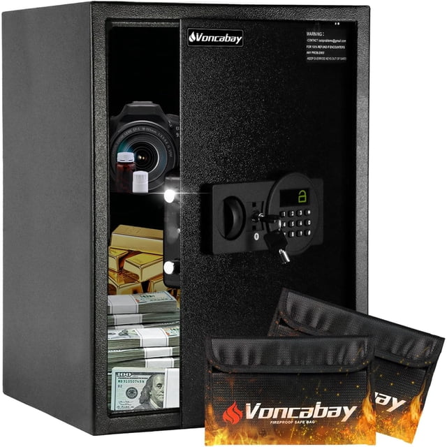 Voncabay Steel Money Safe Box for Home with Fireproof Money Bag for Cash Safe, 2.2 Cubic Feet Security Safe Box for Money Safe with Keys, Lock Box Fireproof Safe with Keypad Lock