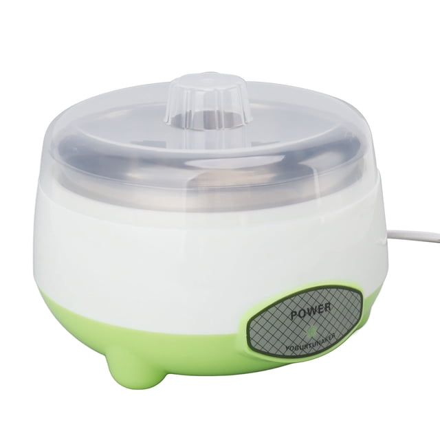 Estink Green 15W Greek Yogurt Maker with Stainless Steel Container for Homemade DIY Yogurt. Compact design with a green and white ABS body, a transparent lid, and a stainless steel interior. Features a power indicator and energy-saving 15W heating system for even and efficient yogurt preparation.