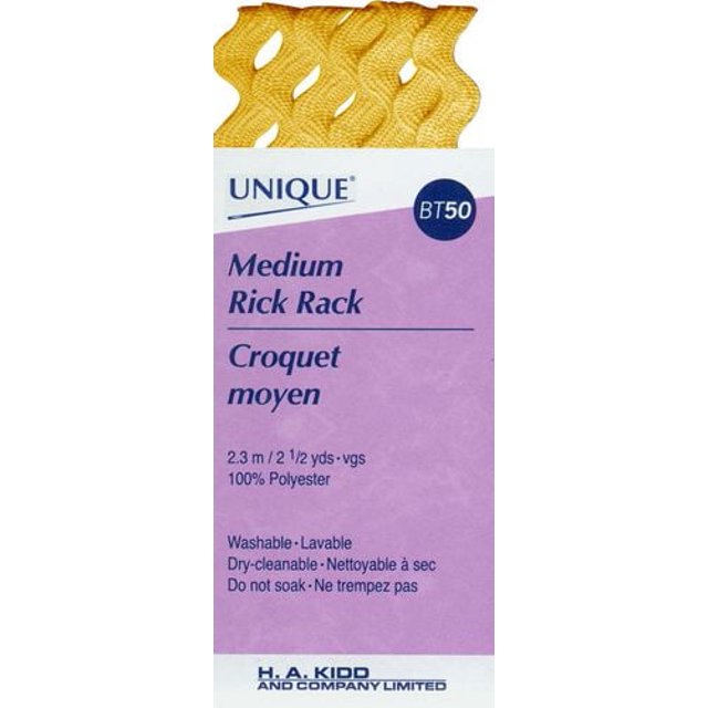 UNIQUE Bordure de Support à Rick Moyen 6 mm par 2,3 m Tresse Zigzag en polyester Jaune Doré, Inaltérable et Facile d'Entretien, Idéale pour Décrire les Cols, Poignets, Vêtements, Courtepointes et Bricolages, avec Étiquette d'Emballage Bilingue Montrant les instructions d'Entretien.