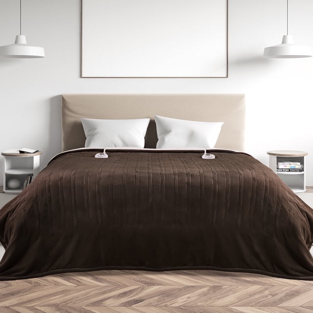 MARNUR Electric Heated Blanket Queen Size 84''x90'', Fast Heating with Dual Controllers, 10 Heating Levels, 10H Timers, Preheat Function - Brown