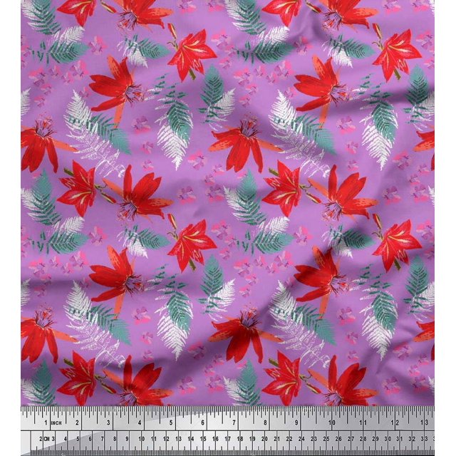 Soimoi Polyester Crepe Fabric Spruce Leaves & Lily Floral Fabric Prints by Yard 52 Inch Wide