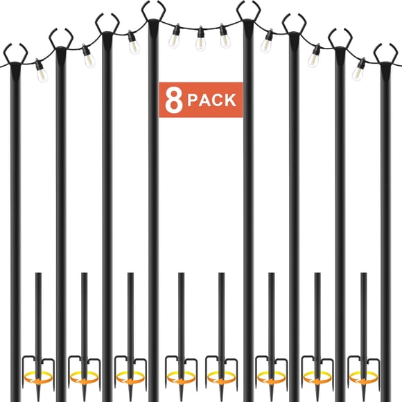 8Pack String Light Poles, 10ft Light Poles for Outside String Lights, Outdoor Lights Pole with Fork, Metal Poles Stand for Patio Deck Backyard