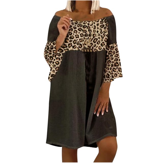 Fridja Femmes Casual Léopard Imprimé Coutures en Vrac Grande Taille Robe en Lin de Coton