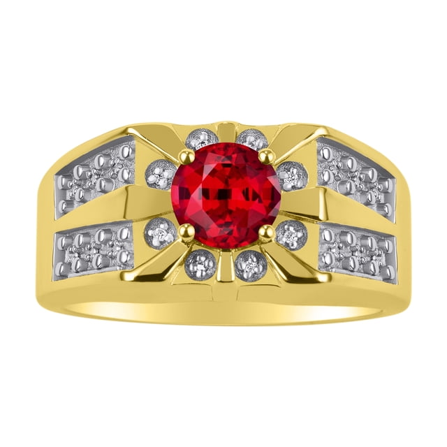 RYLOS Men's Rings 14K Yellow Gold Designer Starburst 7MM Round Gemstone & Diamond Ring Ruby July Birthstone Rings Size 10