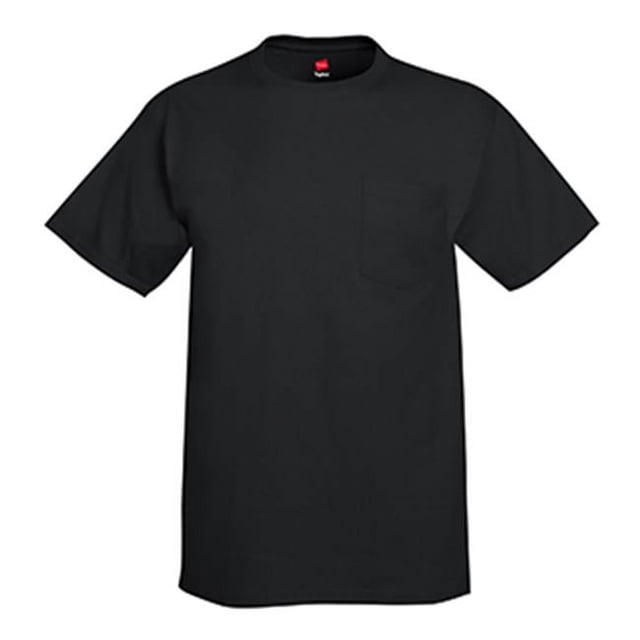 Hanes 5590 Adult Tagless Tee with Pocket in black, size extra large. A men's t-shirt featuring a tag-free neck label, lay flat collar, and a five-point left chest pocket. Made from 100% ComfortSoft cotton jersey knit, preshrunk for minimal shrinkage. Double-stitched hems for durability.