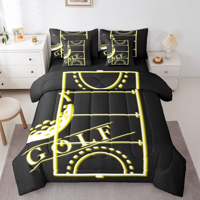 Ensemble de couette de sport YST, 7 pièces, Queen Size, noir jaune, thème de sport