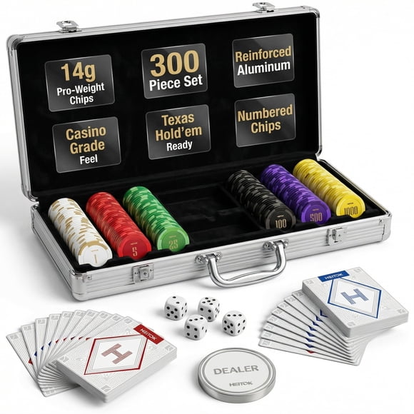 HEITOK Clay Poker Chips Set 300 PCS with Denominations, 14g Clay Composite Professional Casino Poker Chips with Aluminum Case for Texas Hold'em, Blackjack, Home Casino & Poker Night