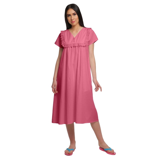 Moomaya Solid Short Sleeve Nightdress For Ladies Button Placket Nightwear