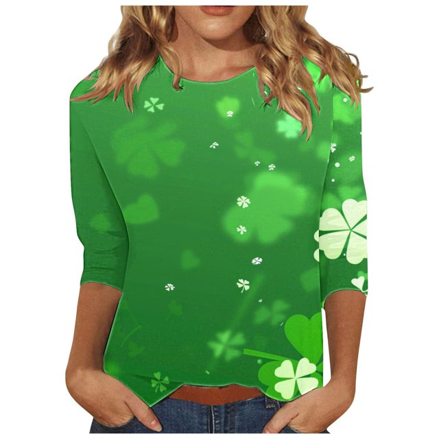 Diufon T-Shirts de la Saint-Patrick pour Femmes, Grande Taille, Imprimé Trèfle, Manches 3/4, Col Rond