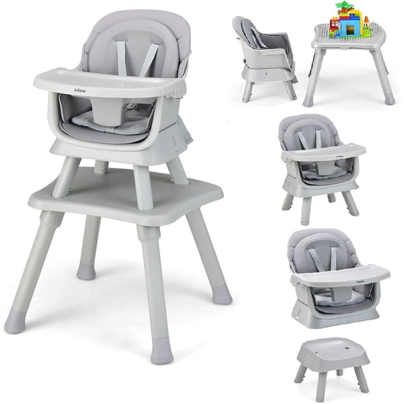 OLAKIDS Chaise Haute pour Bébé 8 en 1, Chaise Haute Convertible pour Bébés et Tout-Petits, Siège Rehausseur de Repas pour Nourrisson, Table de Blocs de Construction, Ensemble Table et Chaise Tabouret pour Enfants avec Plateau Amovible (Gris)
