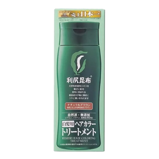 RISHIRI Kombu Natural Hair Color Treatment 200g in a green bottle with Japanese text on the packaging. This semi-permanent hair color treatment, enriched with moisturizing sea kelp extracts from Hokkaido, is ideal for covering gray hair and enhancing hair texture. Free of harsh chemicals, suitable for sensitive scalps.