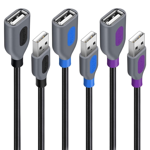 Fasgear USB Extension Cable 3 Pack, 3ft USB 2.0 Type A Male to Female Extender Cord for Playstation,USB Flash Drive,Keyboard,Mouse, Printer, Laptop Cooler at Home/Office/Car (1m, Blue,Purple,Black)