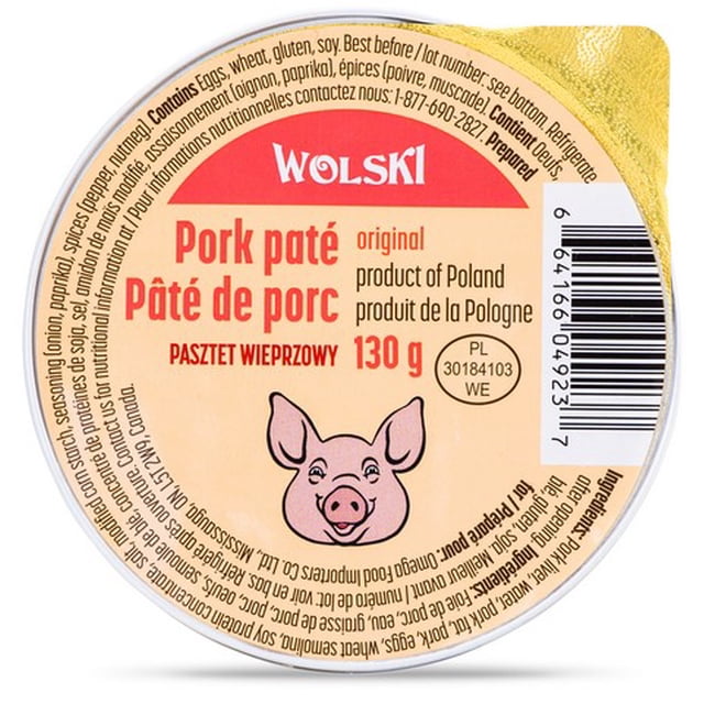 Wolski Porc Pate Original Contenant Rond beige de 130 g avec illustration de Porc Rose et Étiquette Bilingue, un Tartinade de Porc Produit de Pologne Riche en Fer et en Vitamine a, Souvent Utilisé comme Tartinade de Spécialité pour Sandwichs Ou hors-D'œuvre.