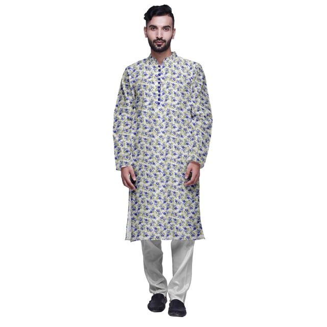 Atasi Mens Printed Modal Satin Indian Long Kurta With White Churidar Pajama Set