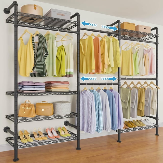 Garment Rack Heavy Duty Clothes Rack for Hanging Clothes Expandable Industrial Pipe Wall Mounted Clothing Racks Adjustable Storage Wardrobe Closet Kit Walk in Closet Systems