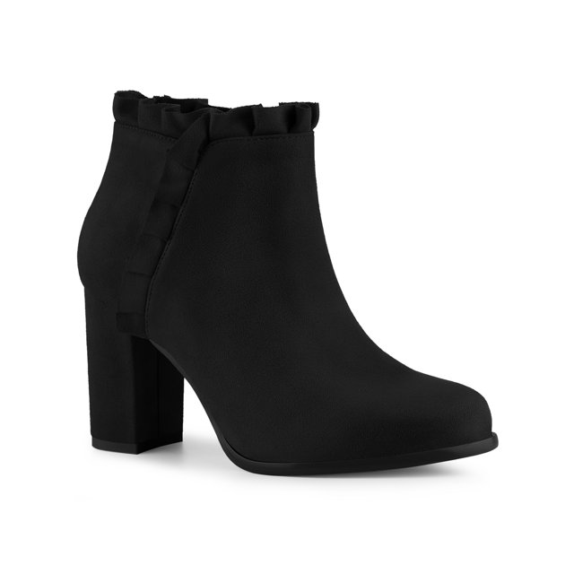 Unique Bargains Women's Ruffle Block High Heels Ankle Boots Black (Size 6)