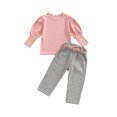 thumbnail image 1 of Faithtur Toddler Kids Girls 3 Pieces Outfits, Solid Color Ribbed Round Neck Long Sleeve Tops + Plaid Long Pants + Belt Set, 1 of 8