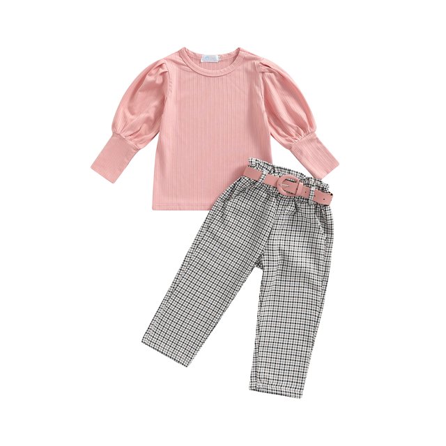 Faithtur Toddler Kids Girls 3 Pieces Outfits, Solid Color Ribbed Round Neck Long Sleeve Tops + Plaid Long Pants + Belt Set