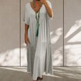 thumbnail image 1 of Robe d'Été pour Femmes 2024 Mode Grande Taille Coton Lin Couleur Unie Ample Col en V Manches Courtes Robe Rabais de 50 % Liquidation!, 1 of 6