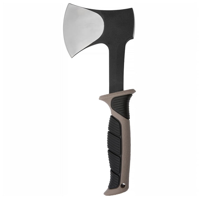 BergHOFF 12" Everslice Axe with a sharp high-carbon stainless steel blade and black matte head featuring a hammer back. The handle has textured black rubber finger pads, a brown grip, and a hand guard for safety, shown front-facing on white. Suitable for chopping and light hammering.