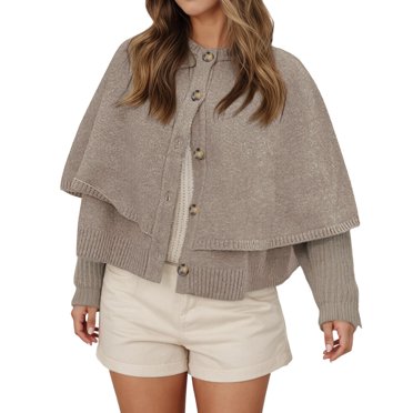 Wdgfv Womens Cropped Cape Cardigan Button Up Crew Neck Jacket Shawl Fall Trendy Knit Sweater Khaki S