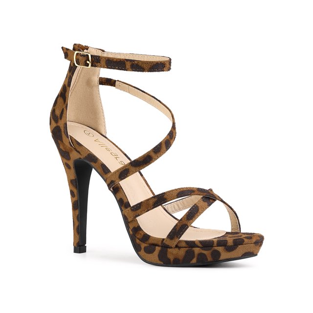 BLISSFUL STEP Women's Solid Color Stiletto Heel Zipper Ankle Strap Platform Sandals Leopard 7