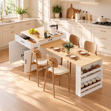 Homy Casa Kitchen Island with Extendable Dining Table and Storage Shelves