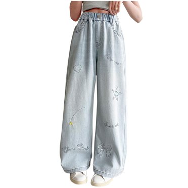 hoksml Girls Star Sequined Denim Pants High-waisted Wide-leg Jeans Comfortable Elastic Waistband Loose Casual Pants with Pockets