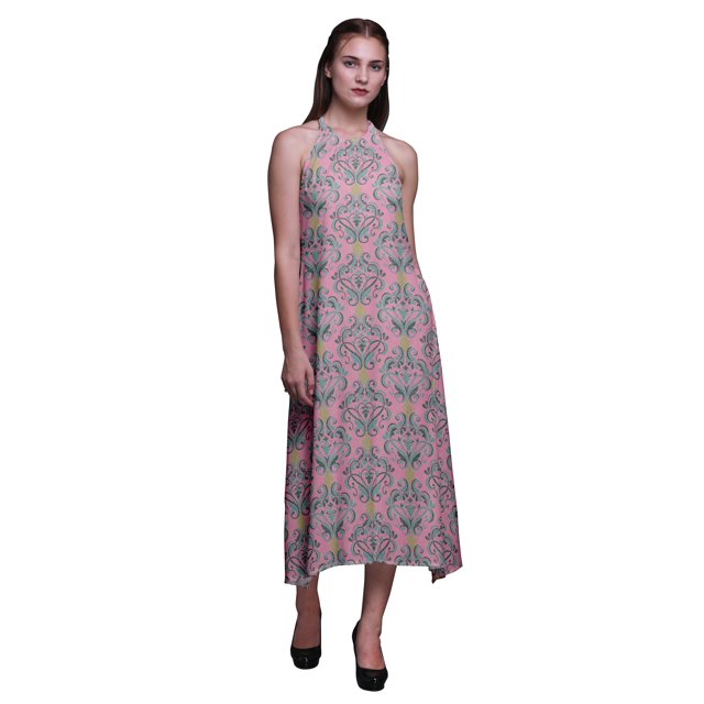 Bimba Robe de Plage Longue à Dos Nu Imprimée à Col Licou pour Femmes en Damas - Petite