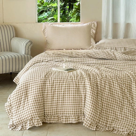 NSNLGSGC Tan Ruffle Gingham Comforter Set Queen, Pre-Washed Ruffled Taupe Plaid Checked Comforter Bedding, 3 Pieces Vintage Farmhouse Grid Bedding Set(Tan Gingham, Queen)