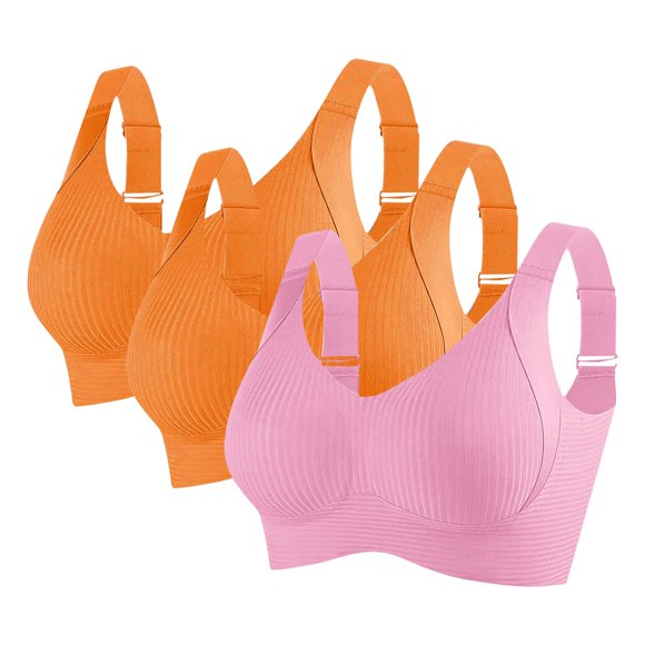 LNWUY 3PC Women's Solid Color Sports Bras Full Coverage Non-steel Ring Bra Lightweight Breathable Underwear Everyday Bra Pink M