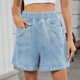 thumbnail image 2 of Olyvenn Women's Denim Shorts, Elastic Wasit Mid Rise Loose Fit with 2 Front Pockets, Stretchy Jeans Short Pants Light Blue L, 2 of 5