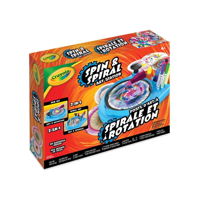 Crayola Spin & Spiral Art Station box showing a blue base unit with a spinning plate, six colorful Pip-Squeaks markers, two gears, 20 paper discs, and three ink bottles, a 2-in-1 kids craft kit for ages 6 and up to create spin and spiral art without batteries.