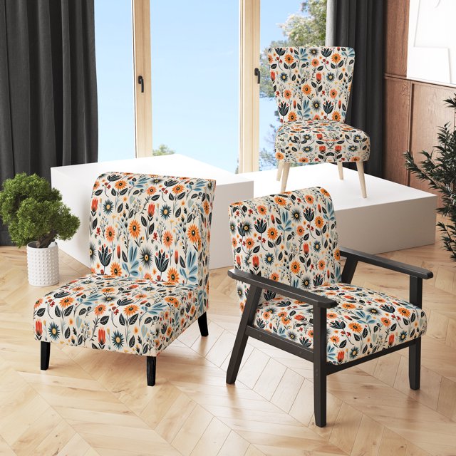 Designart « Éclat Floral Rétro en Orange et Sarcelle » Fauteuil d'Appoint Rembourré à Motif Floral Orange - Fauteuil de Style Champêtre pour Salon