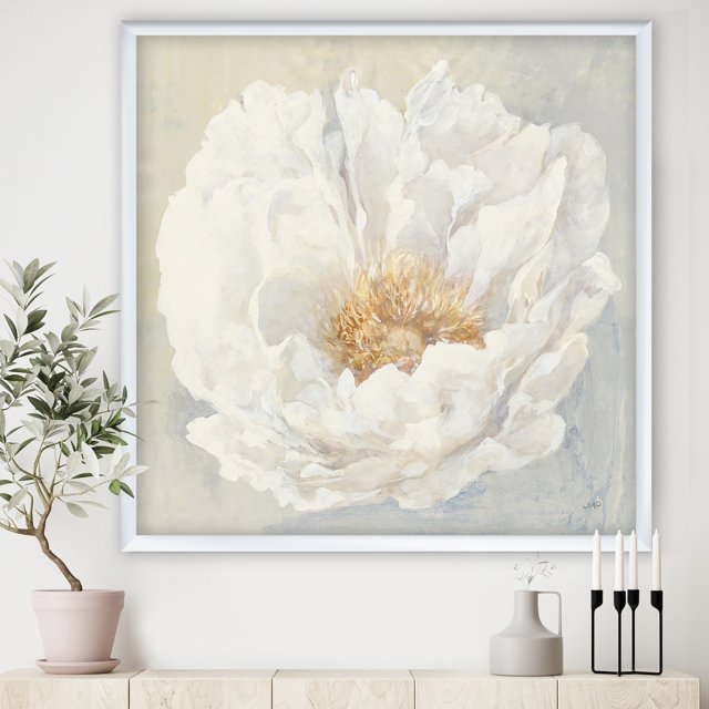 Designart 'blanc Serein Pivoine' Cottage Encadrée Impression d'Art - 16x16