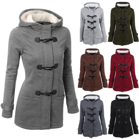 EQWLJWE Winter Duffle Coats for Women Plus Size Clearance Women Solid Color Horn Buttons Cardigan Padded Hooded Coat Jacket Overcoat