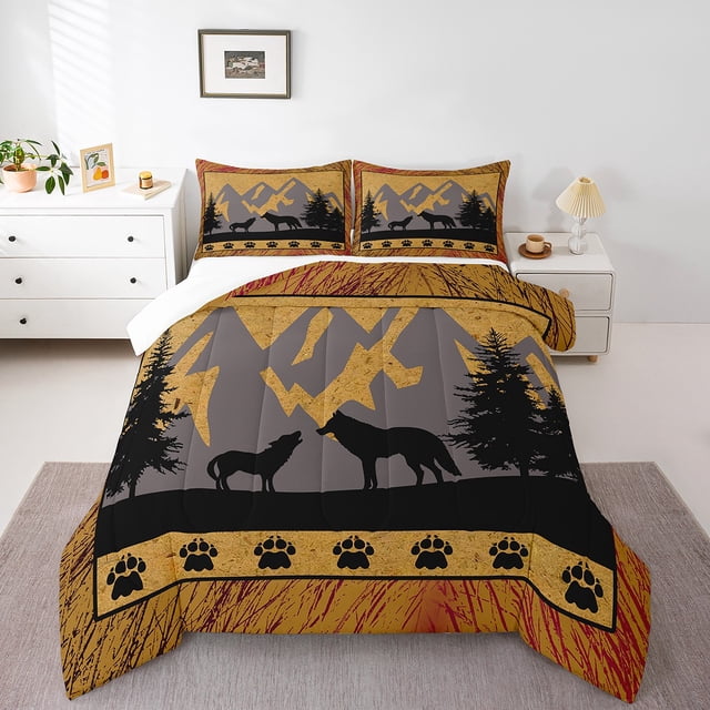 YST Ensemble de Douillette Rustique Loup Format Simple pour Garçons, Ensemble de Literie Faune de Chasse Courtepointe d'Animaux Style Ferme pour Enfants Ados Adultes Chambre, Ensembles de Literie Douillette Planches de Bois Vintage, Brun