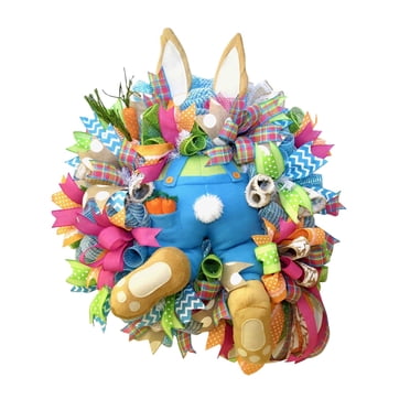 Pisexur 21.5" Easter Bunny Butt Spring Wreath with Ears Bow Easter Wreaths for Front Door Wall Decoration Easter Rabbit Garland with Floral for Wall Front Door Easter Decorations