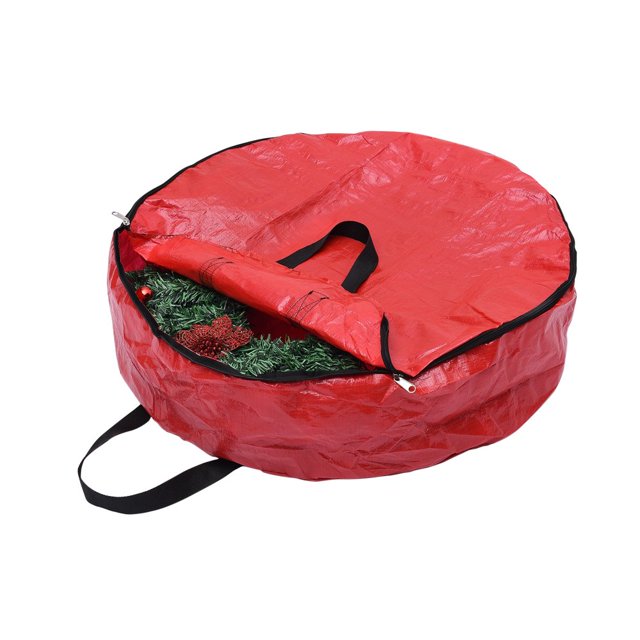 Garland Bag Storage Boxes Carry Organizer Bags Durable Red Foldable Waterproof and Dustproof Christmas Polyethylene. A 30-inch red wreath storage bag made of waterproof polyethylene with a two-way zipper, a clear viewing window, and a handle for easy carrying. Designed to protect seasonal wreaths from water damage and dust, ensuring reuse year after year. The bag is shown partially open, revealing a green wreath with red decorations inside.