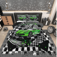 thumbnail image 1 of Erosebridal Ensembles de Literie Voiture de Course pour Garçons Double avec Couette pour Enfants Ados, Insert de Couette Drapeau de Course, Noir Vert, Réversible 3 Pcs, 1 of 7