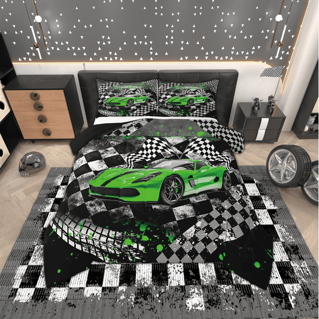 Erosebridal Ensemble de Douillette Simple pour Garçons Voiture de Course pour Enfants Ados, Douillette en Duvet Drapeau de Course, Noir Vert, Réversible 2 Pcs