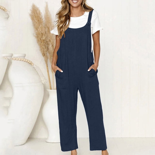 DPTALR Combinaison Décontractée Ample et en Vrac pour Femme avec Poches, Combinaison Short Pantalon Salopette en Coton et Lin