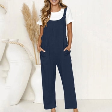 lcziwo Linen Jumpers and Rompers Women,Women's Casual Loose Baggy Pocket Jumpsuit Trendy Dressy Casual Playsuit Trousers Overalls Cotton Linen Pants Trousers Jumpsuit Navy,XL