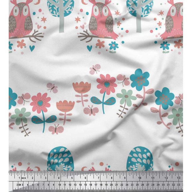 Soimoi Rayon Fabric Floral,Tree & Owl Kids Decor Fabric Printed Yard 42 Inch Wide