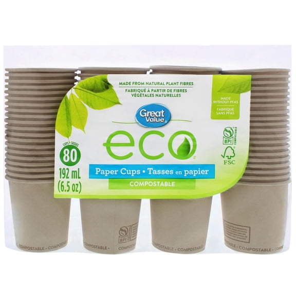 Great Value Eco Paper Cups, 80 Cups
