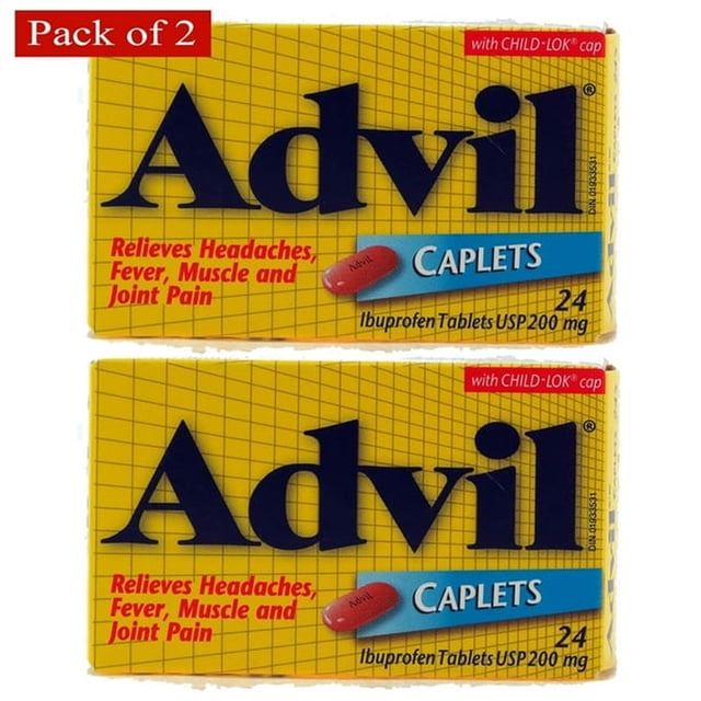 Advil Caplets 24UN pour Douleur Tenace (Lot de 2), Comprenant Deux Boîtes Jaunes avec une Marque Audacieuse « Advil » Bleue. Chaque Boîte Contient 24 Caplets d'Ibuprofène, Conçus pour Soulager les Maux de Tête, la Fièvre, les Douleurs Musculaires et Articulaires. l'Emballage Met en Valeur un « Child-Lok » pour la Sécurité.