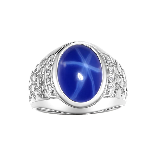 RYLOS Men's Rings 14K White Gold Nugget Ring with Cabochon Gemstone & Diamonds Blue Star Sapphie Rings For Men Size 11