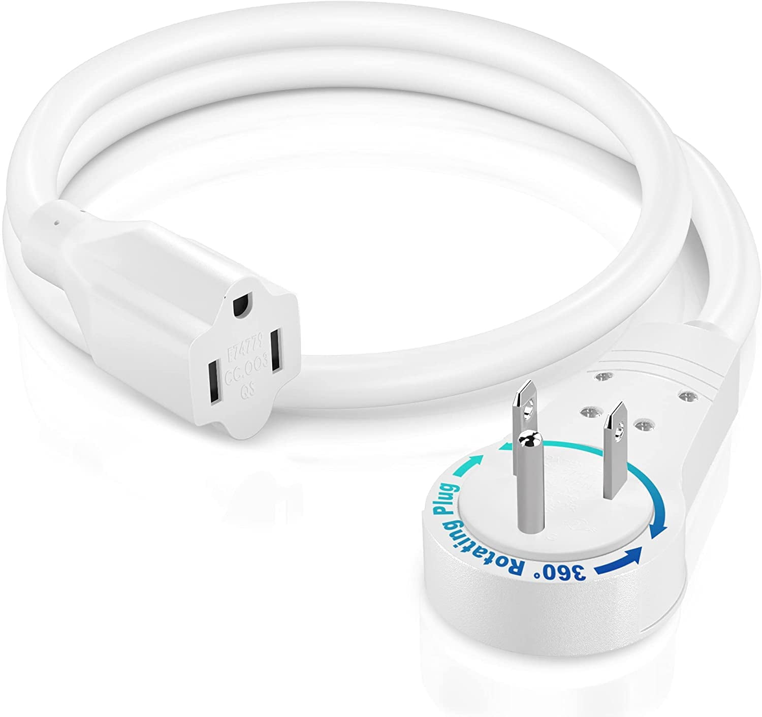 Maximm Extension Cord 1 Foot White Flat Plug, 360ï¿½ Rotating Short Power Cord Single Outlet, Indoor 16 Gauge 3 Prong Grounded Wire UL Certified (1Ft White)