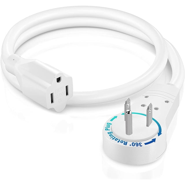 Maximm Extension Cord 1 Foot White Flat Plug, 360� Rotating Short Power Cord Single Outlet, Indoor 16 Gauge 3 Prong Grounded Wire UL Certified (1Ft White)